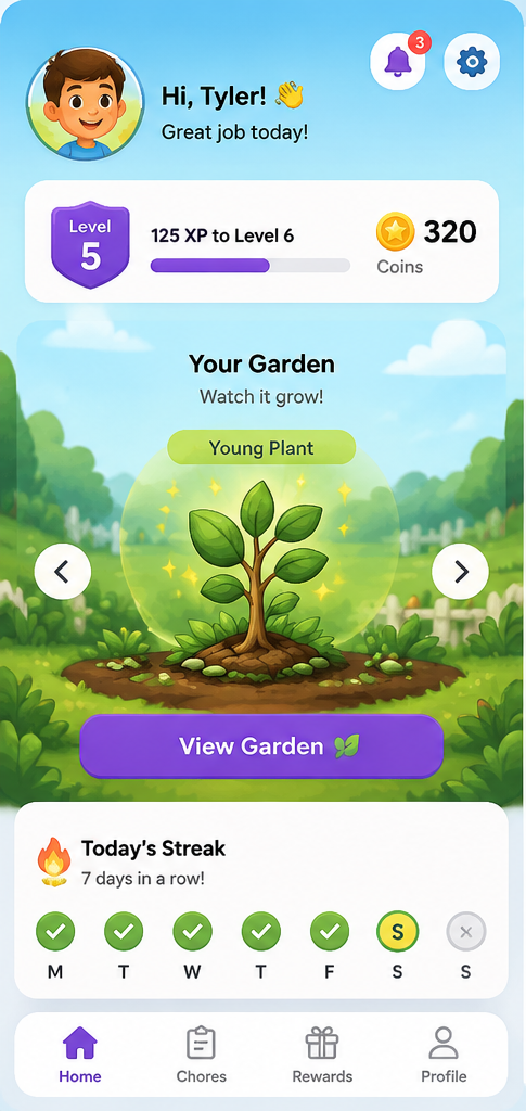 Sprout Chores home screen with chores, virtual coins, and garden progress