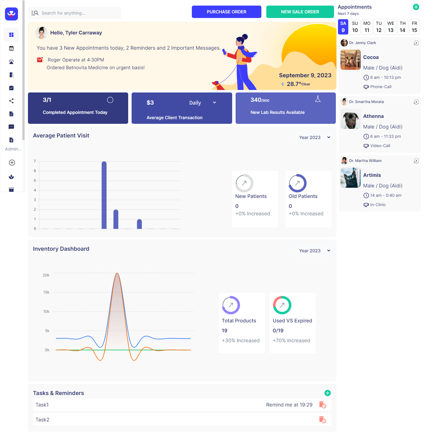 Archived 2023 VetRecor development dashboard greeting Tyler Carraway, with appointment and patient summaries
